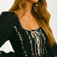 Black Long Sleeve Lace-Up Maxi Dress with Embroidery