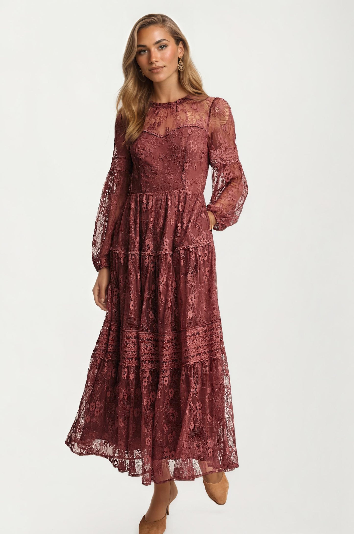 Long Sleeve Lace Maxi Dress with Tiered Skirt