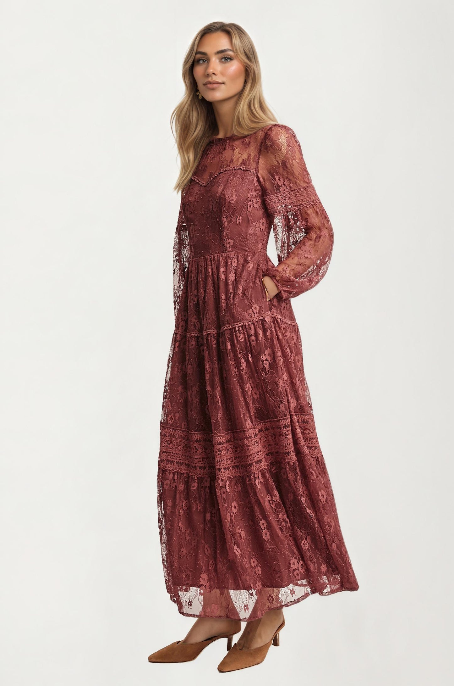 Long Sleeve Lace Maxi Dress with Tiered Skirt