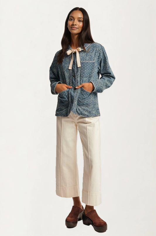Button Front Jacket with Floral Print and Ribbon Tie Detail
