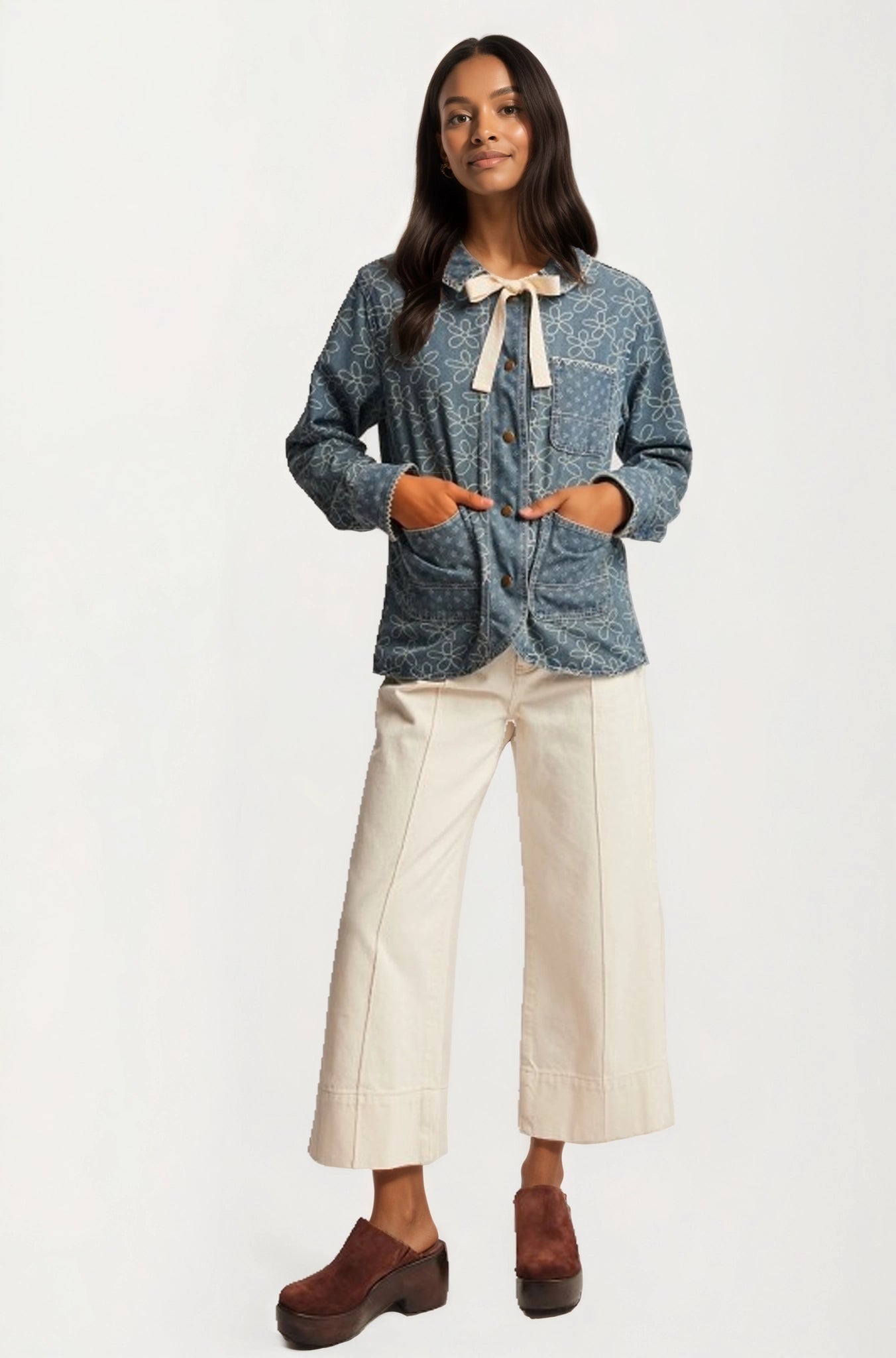 Button Front Jacket with Floral Print and Ribbon Tie Detail