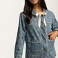 Button Front Jacket with Floral Print and Ribbon Tie Detail