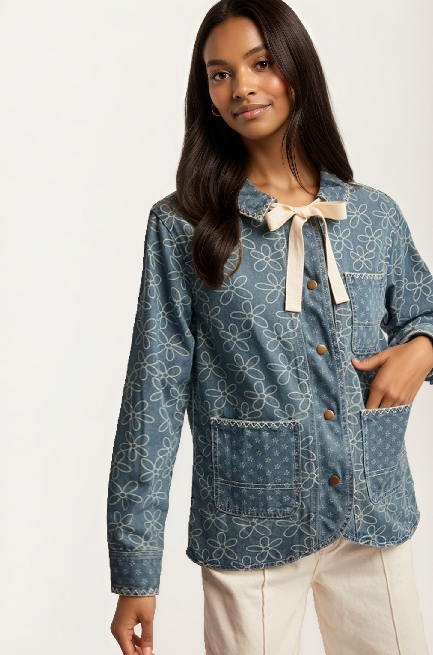 Button Front Jacket with Floral Print and Ribbon Tie Detail