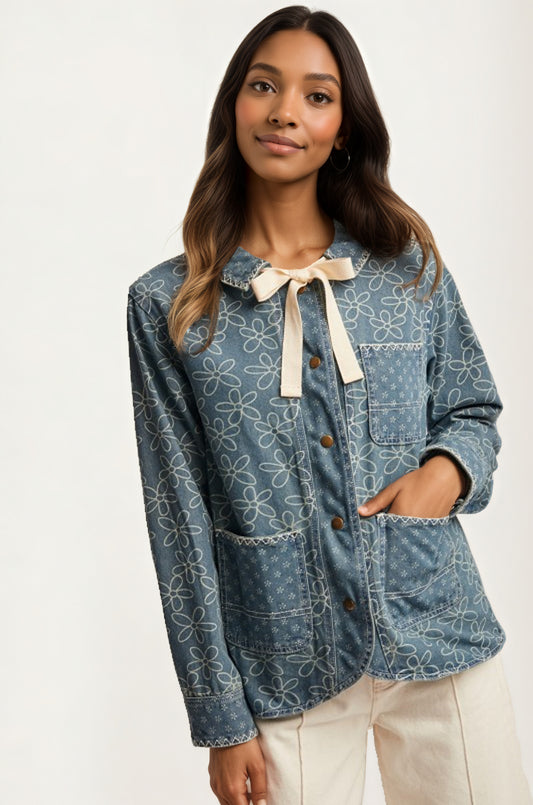 Button Front Jacket with Floral Print and Ribbon Tie Detail