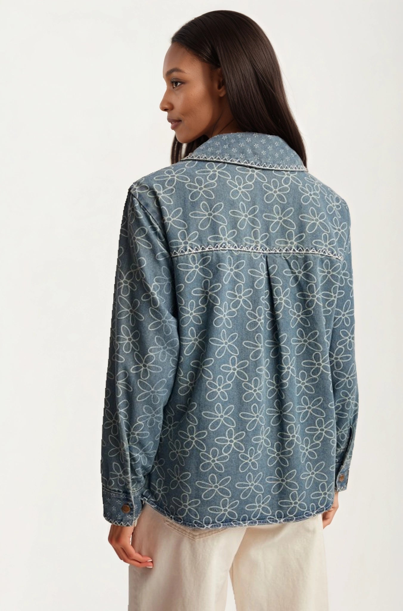 Button Front Jacket with Floral Print and Ribbon Tie Detail