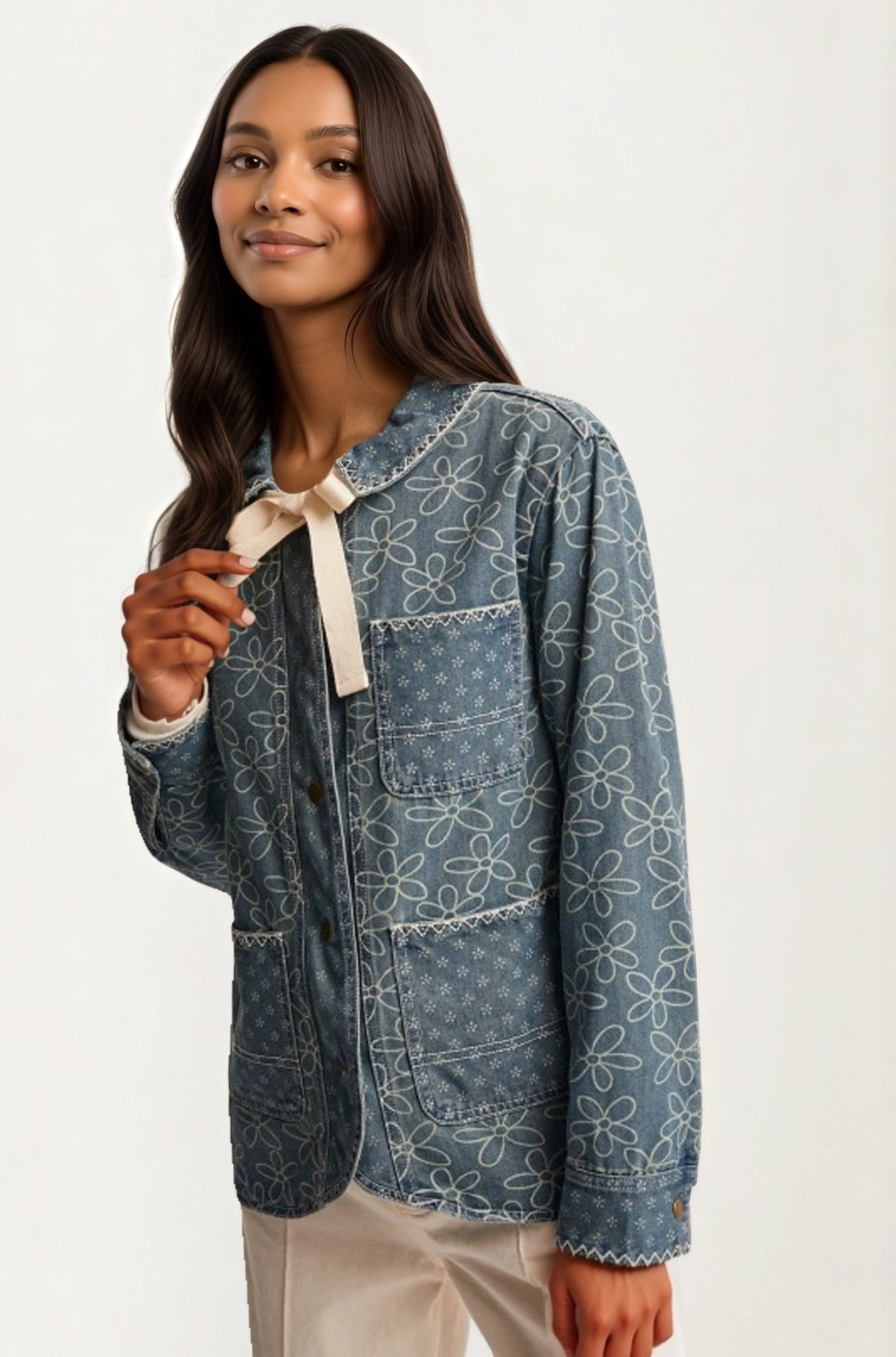 Button Front Jacket with Floral Print and Ribbon Tie Detail