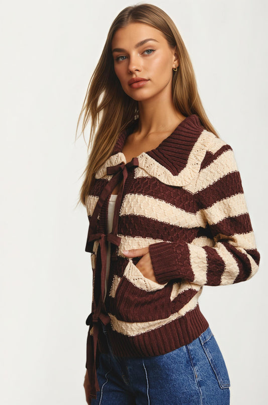 Striped Tie Front Cardigan with Textured Knit Detail