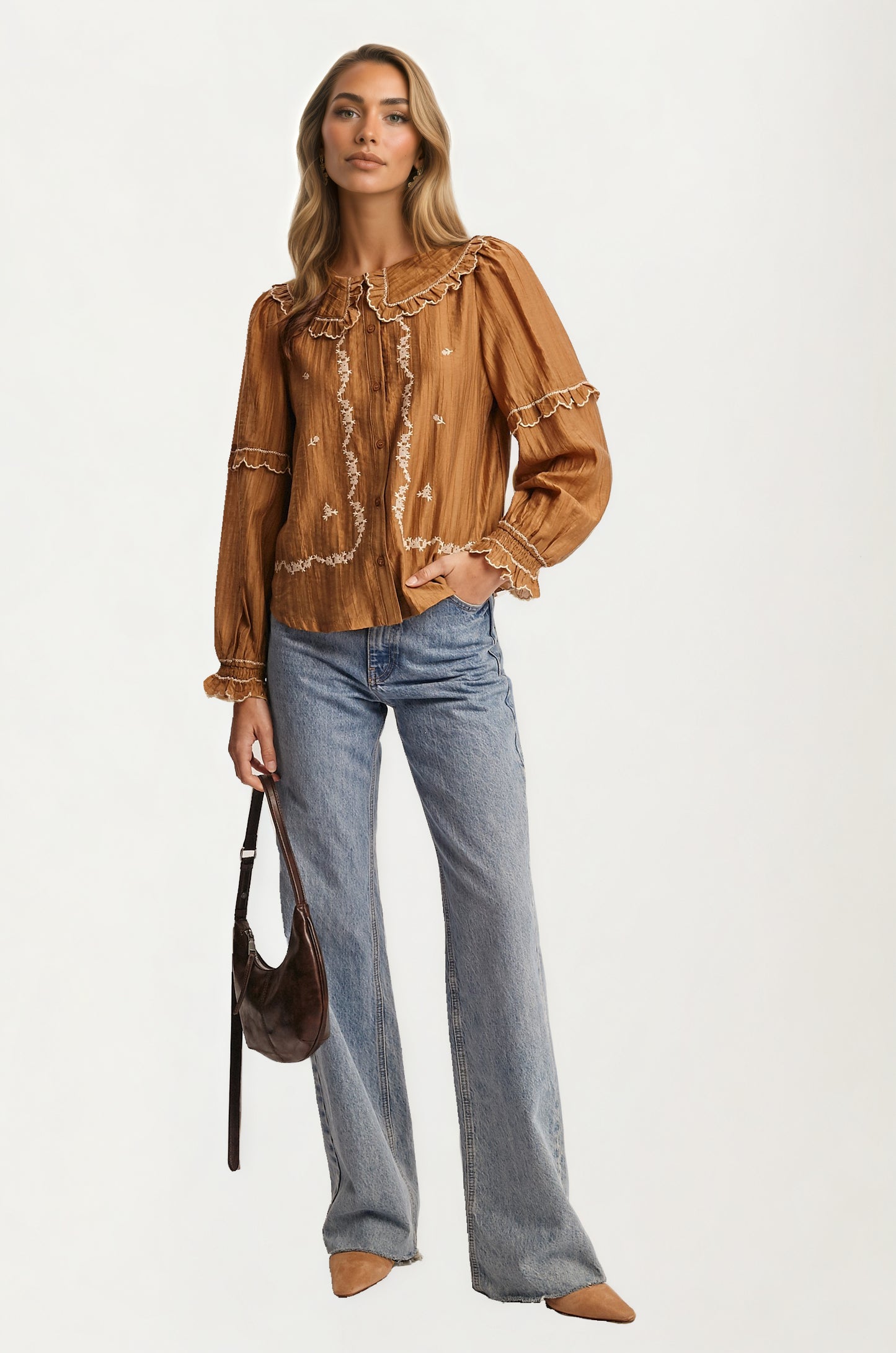 Ruffled Collar Embroidered Blouse with Long Sleeves