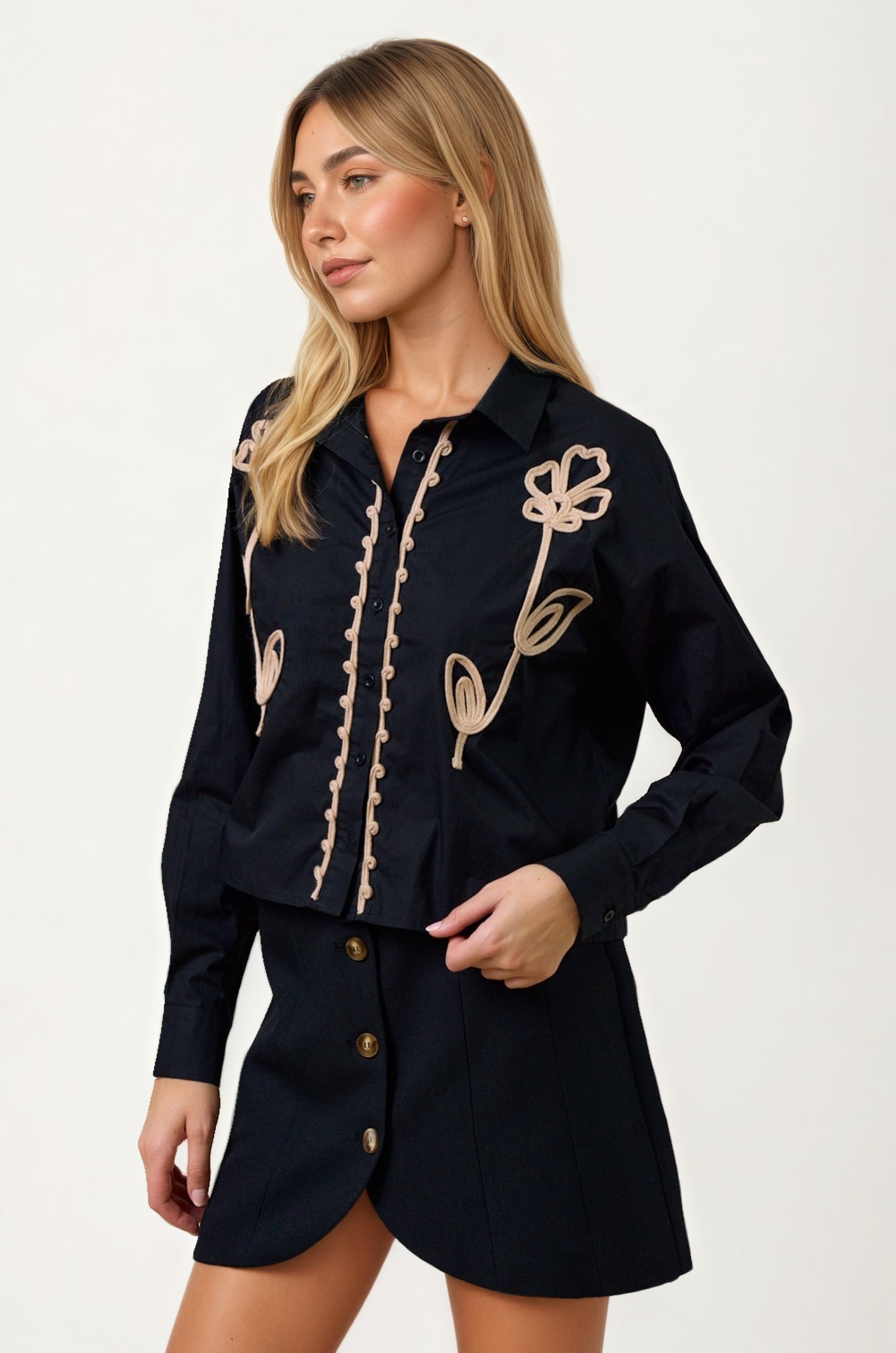 Embroidered Long Sleeve Blouse with Button Front