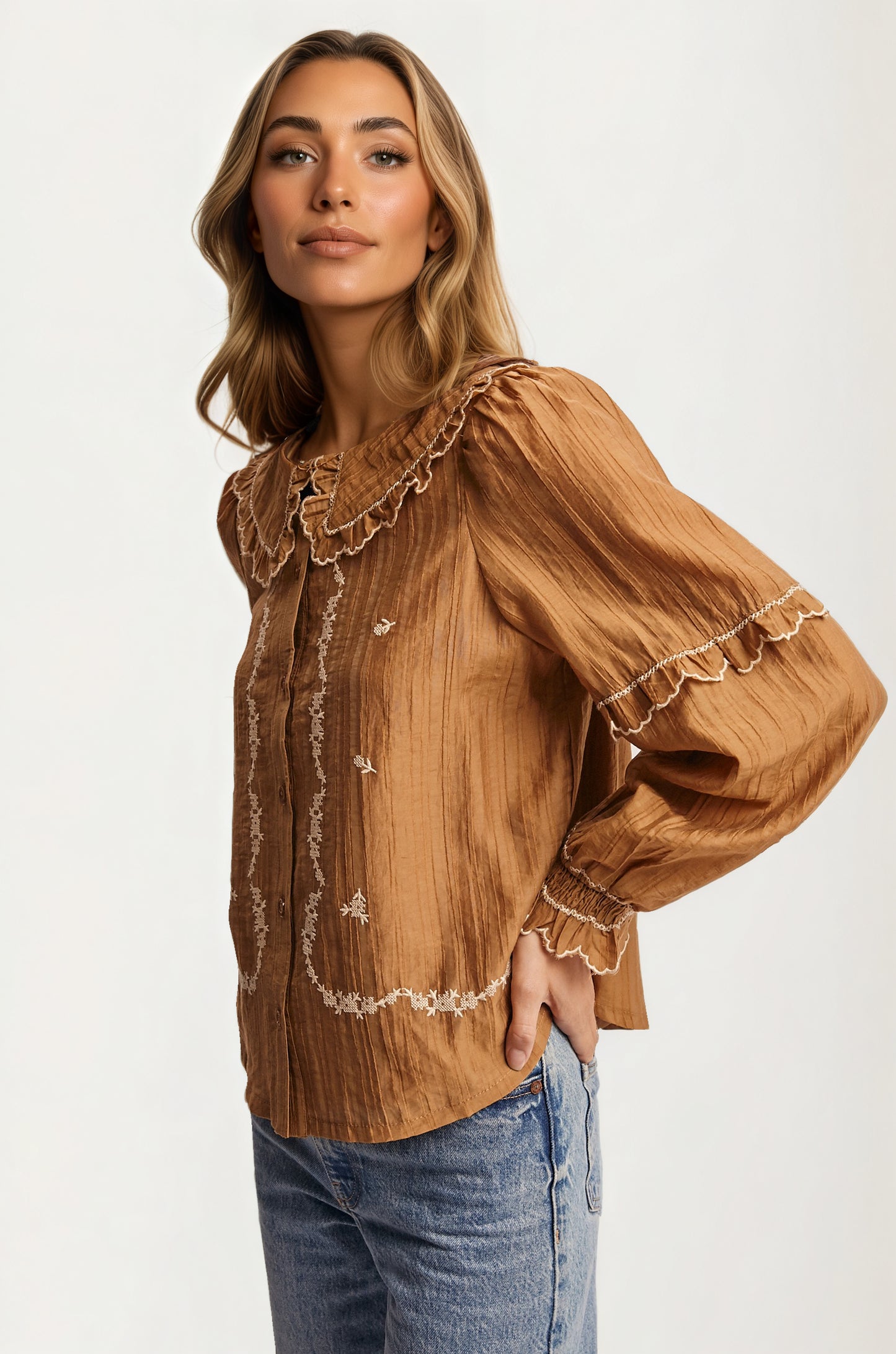 Ruffled Collar Embroidered Blouse with Long Sleeves