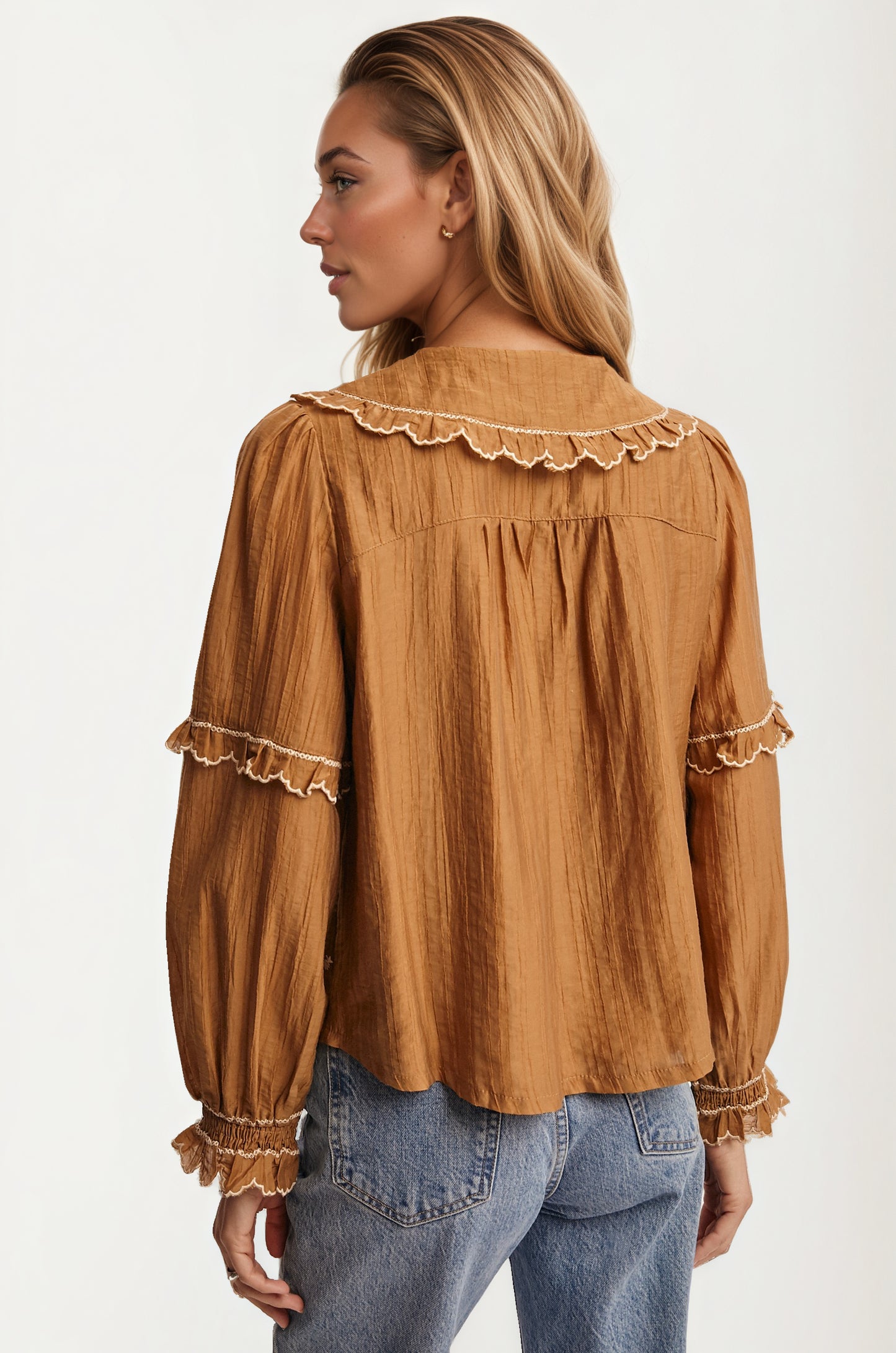 Ruffled Collar Embroidered Blouse with Long Sleeves