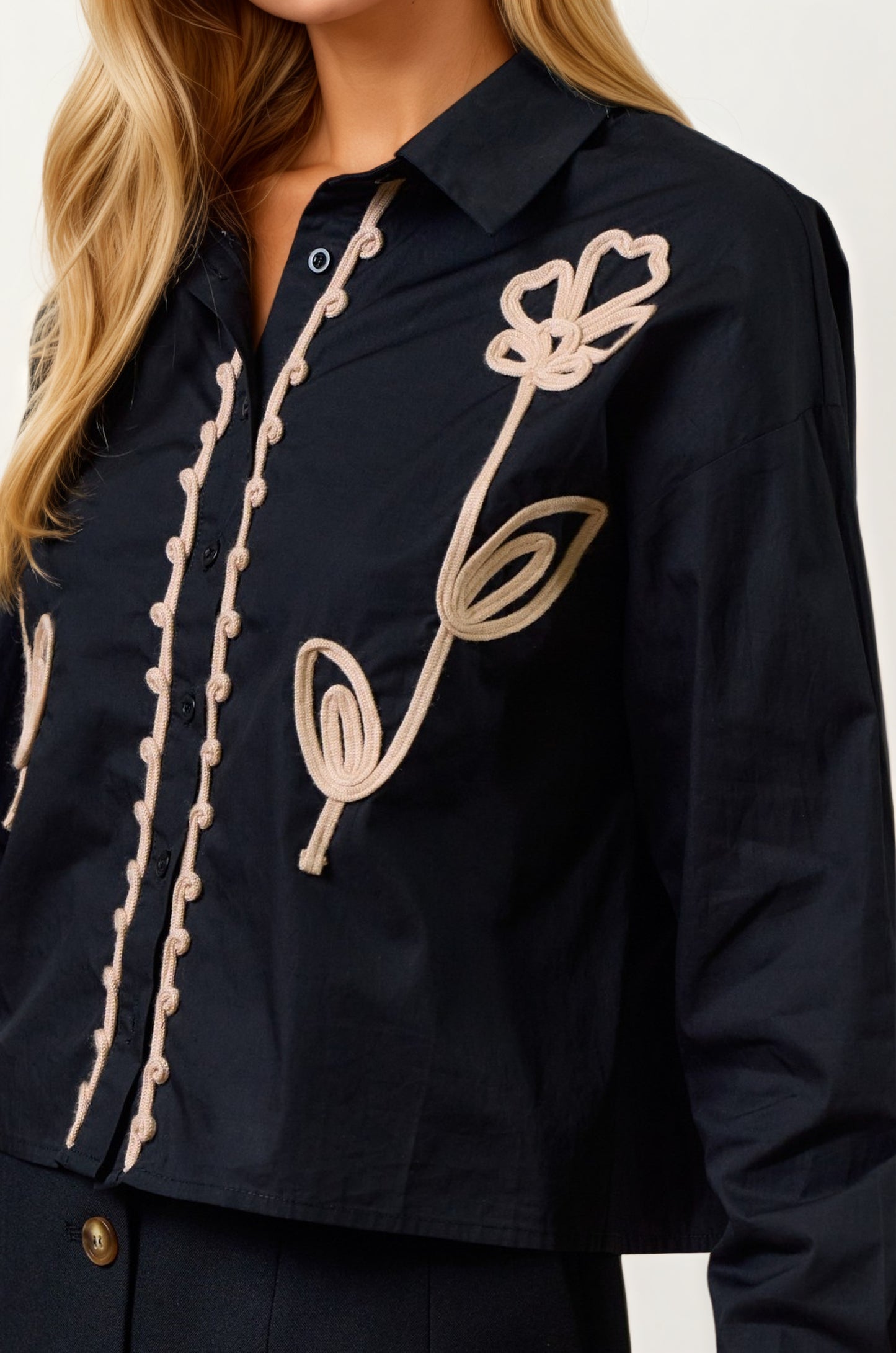 Embroidered Long Sleeve Blouse with Button Front