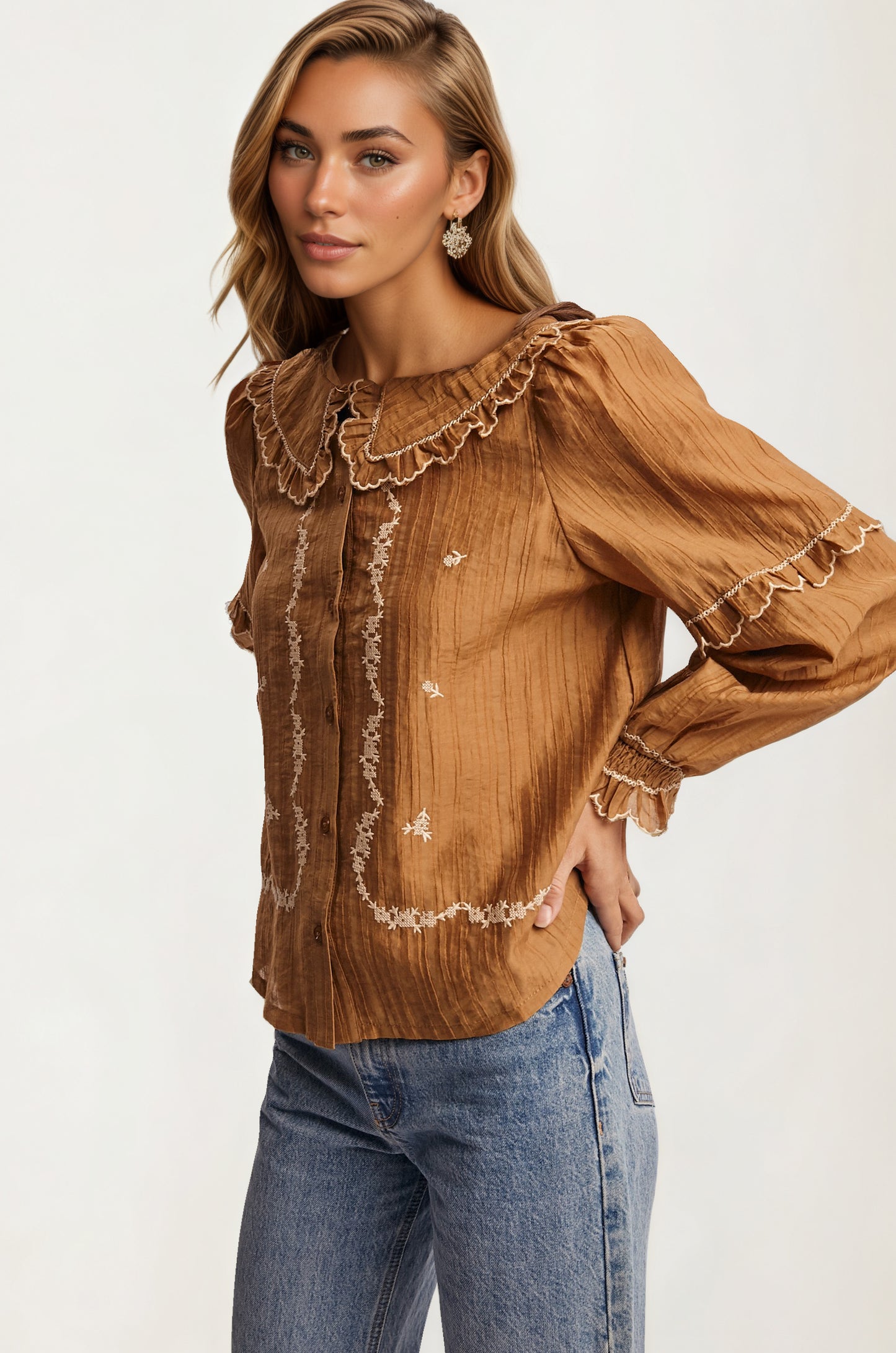 Ruffled Collar Embroidered Blouse with Long Sleeves