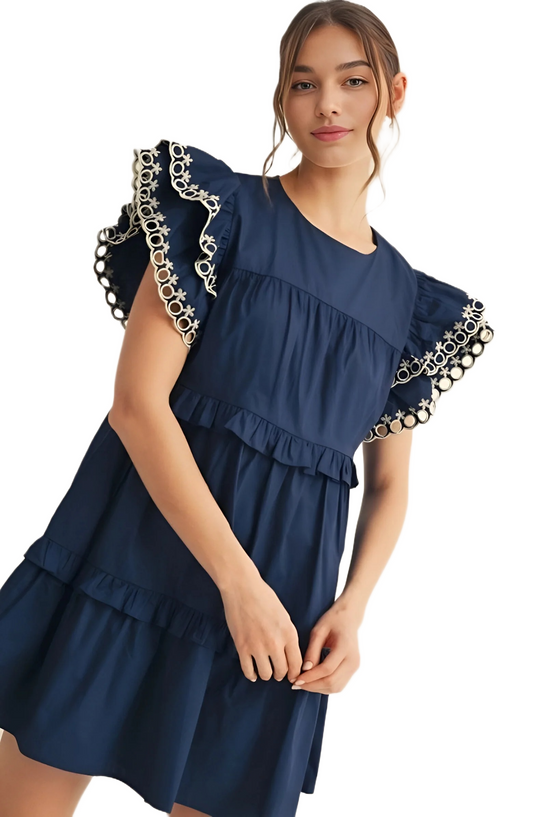 Navy Mini Dress with Embroidered Ruffle Sleeves