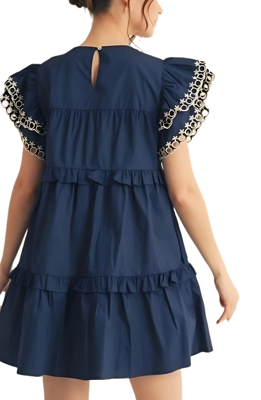 Navy Mini Dress with Embroidered Ruffle Sleeves
