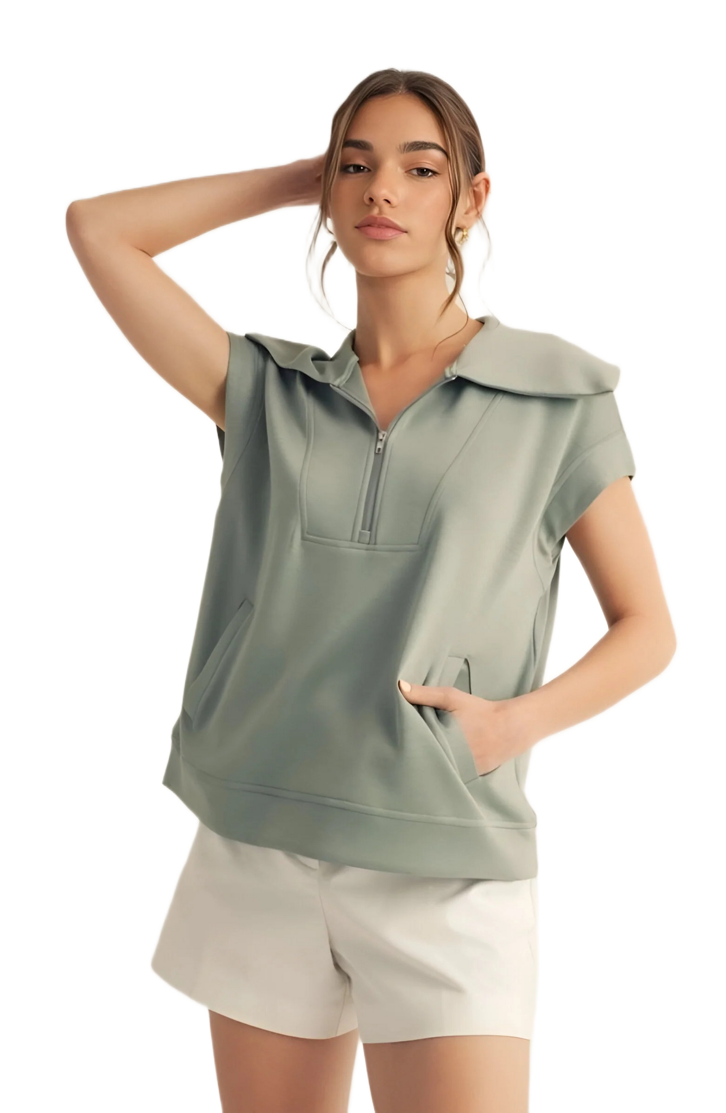 Sage Green Sleeveless Top with Zip Front