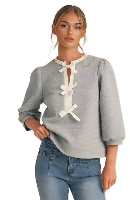 Grey Textured Blouse with Bow Accents