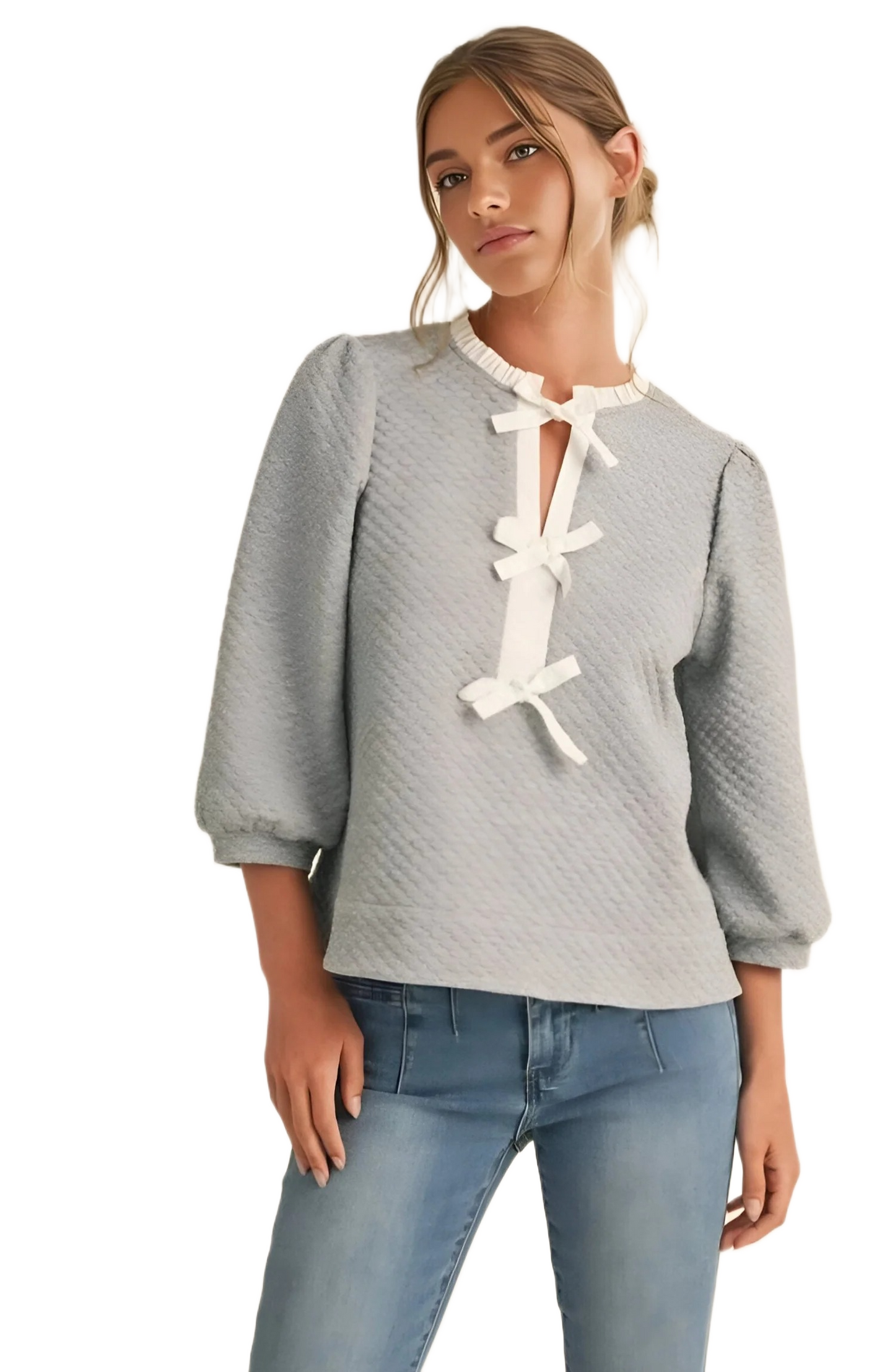 Grey Textured Blouse with Bow Accents
