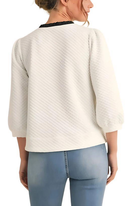 White Textured Blouse with Black Bow Details