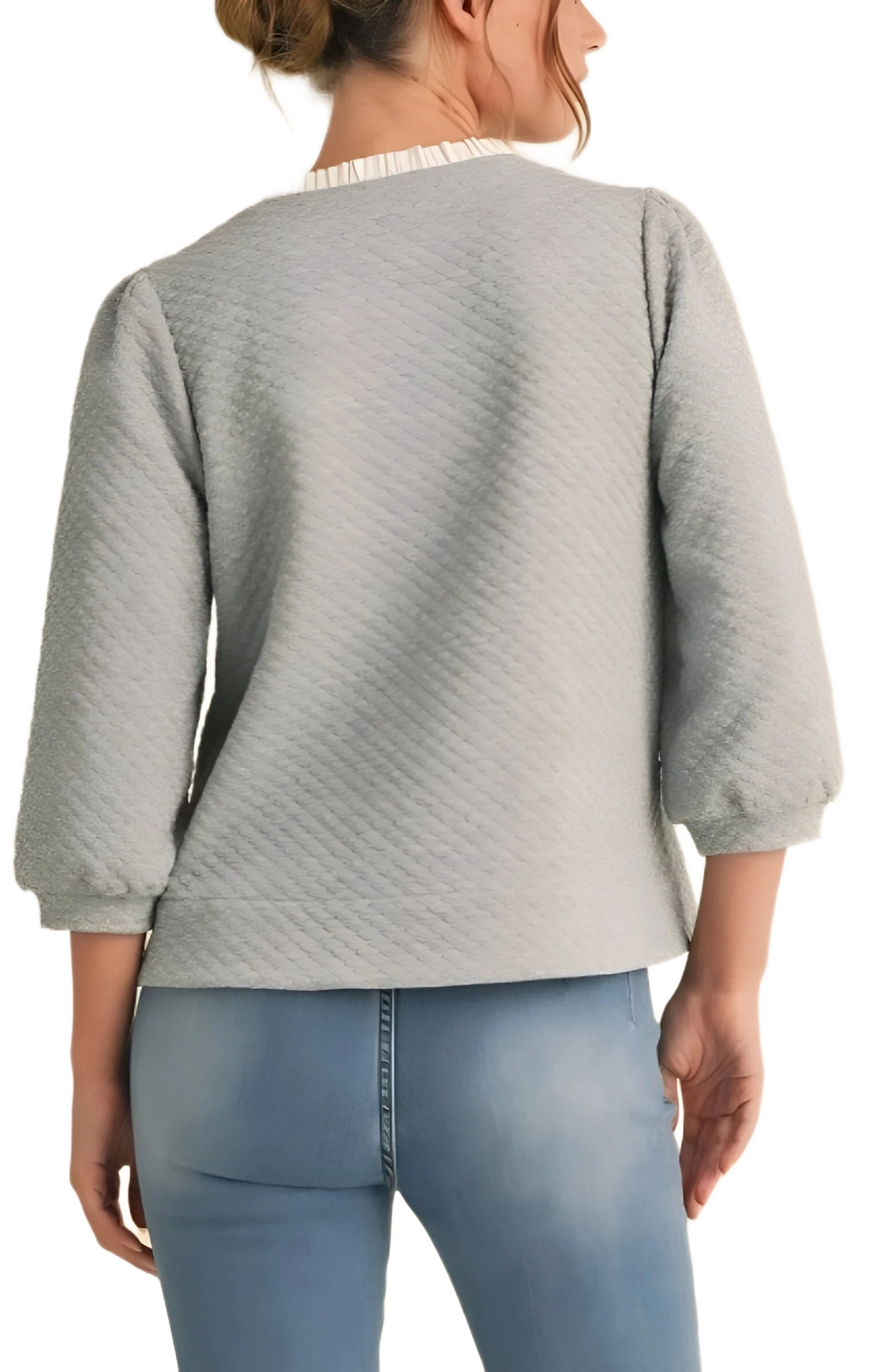 Grey Textured Blouse with Bow Accents