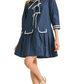 Navy Pleated Mini Dress with Contrast Trim and Front Ties