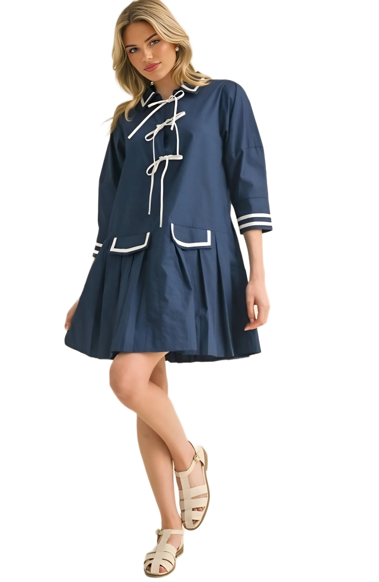 Navy Pleated Mini Dress with Contrast Trim and Front Ties