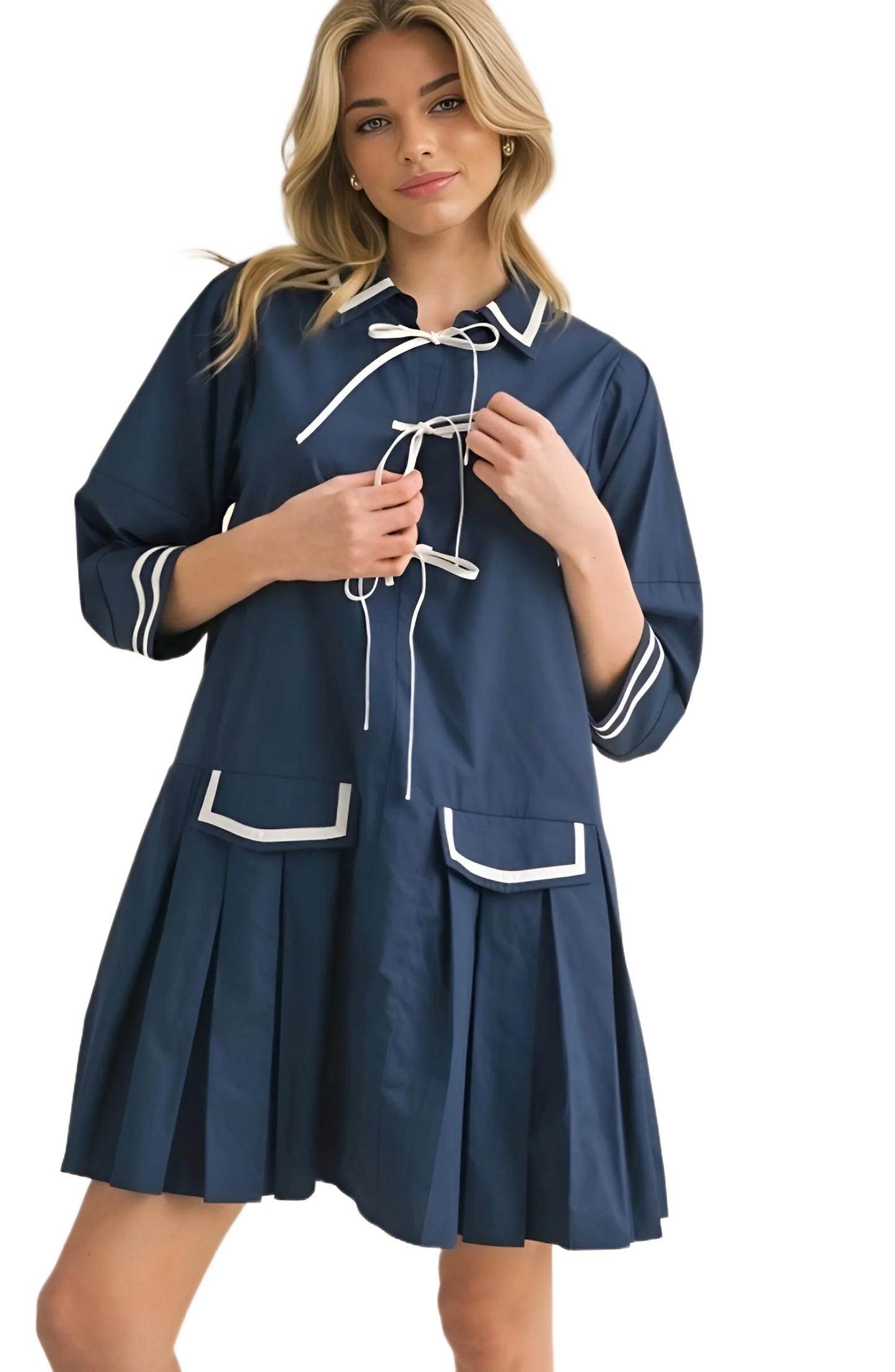 Navy Pleated Mini Dress with Contrast Trim and Front Ties