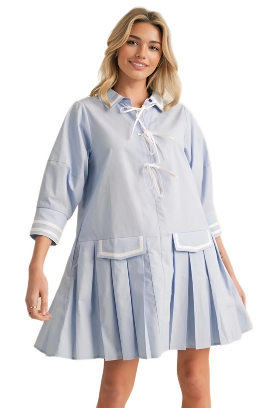 Light Blue Pleated Mini Dress with Front Ties
