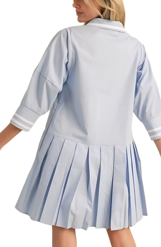 Light Blue Pleated Mini Dress with Front Ties