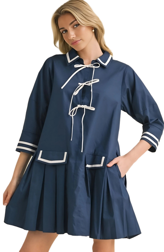 Navy Pleated Mini Dress with Contrast Trim and Front Ties