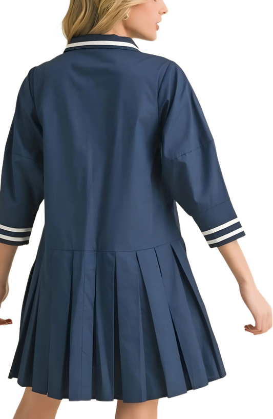 Navy Pleated Mini Dress with Contrast Trim and Front Ties