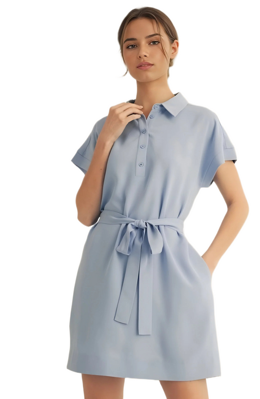 Light Blue Collared Short Sleeve Mini Dress with Waist Tie