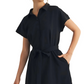 Black Collared Short Sleeve Mini Dress with Waist Tie