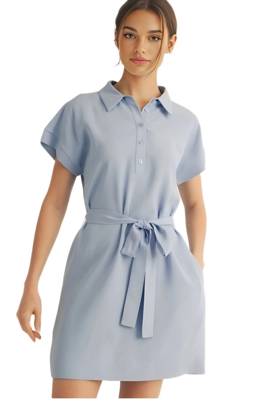Light Blue Collared Short Sleeve Mini Dress with Waist Tie