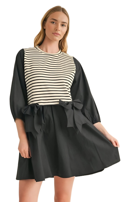 Black and White Striped Mini Dress with Side Bows