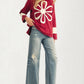 Long Sleeve Top with Bold Floral Applique and Relaxed Fit