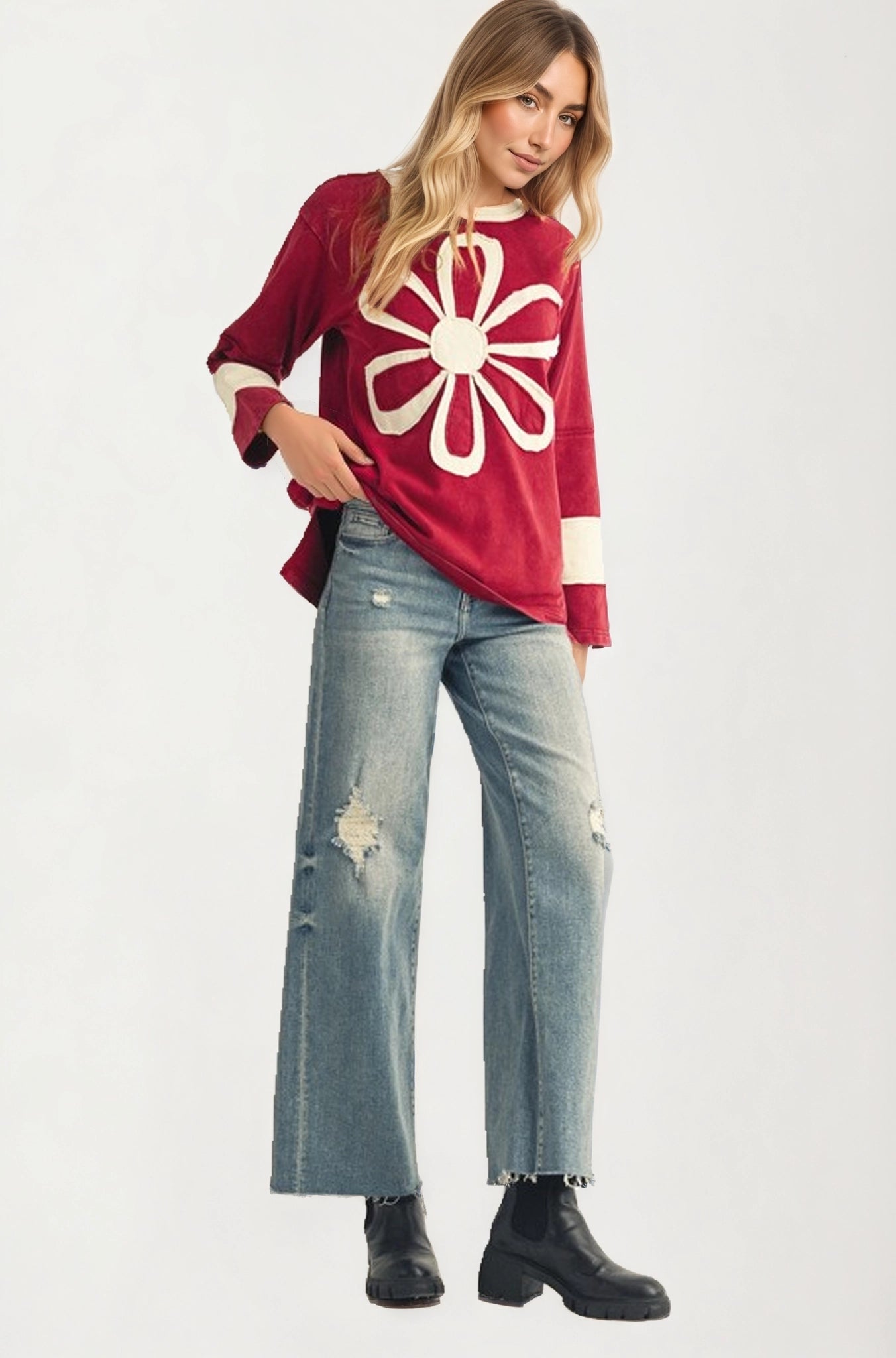 Long Sleeve Top with Bold Floral Applique and Relaxed Fit