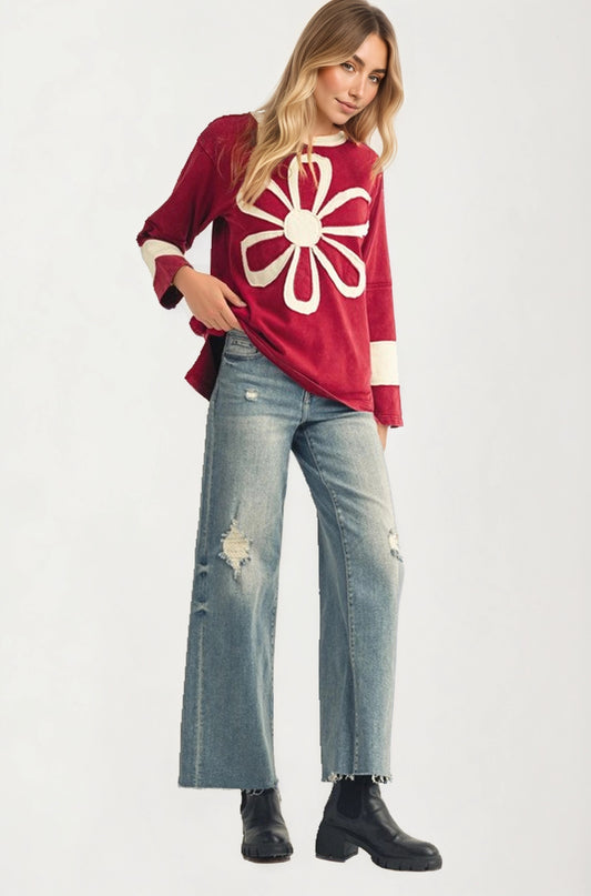 Long Sleeve Top with Bold Floral Applique and Relaxed Fit