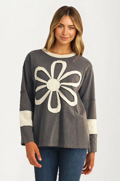 Long Sleeve Top with Bold Floral Applique and Relaxed Fit