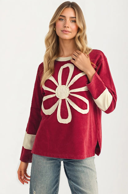 Long Sleeve Top with Bold Floral Applique and Relaxed Fit