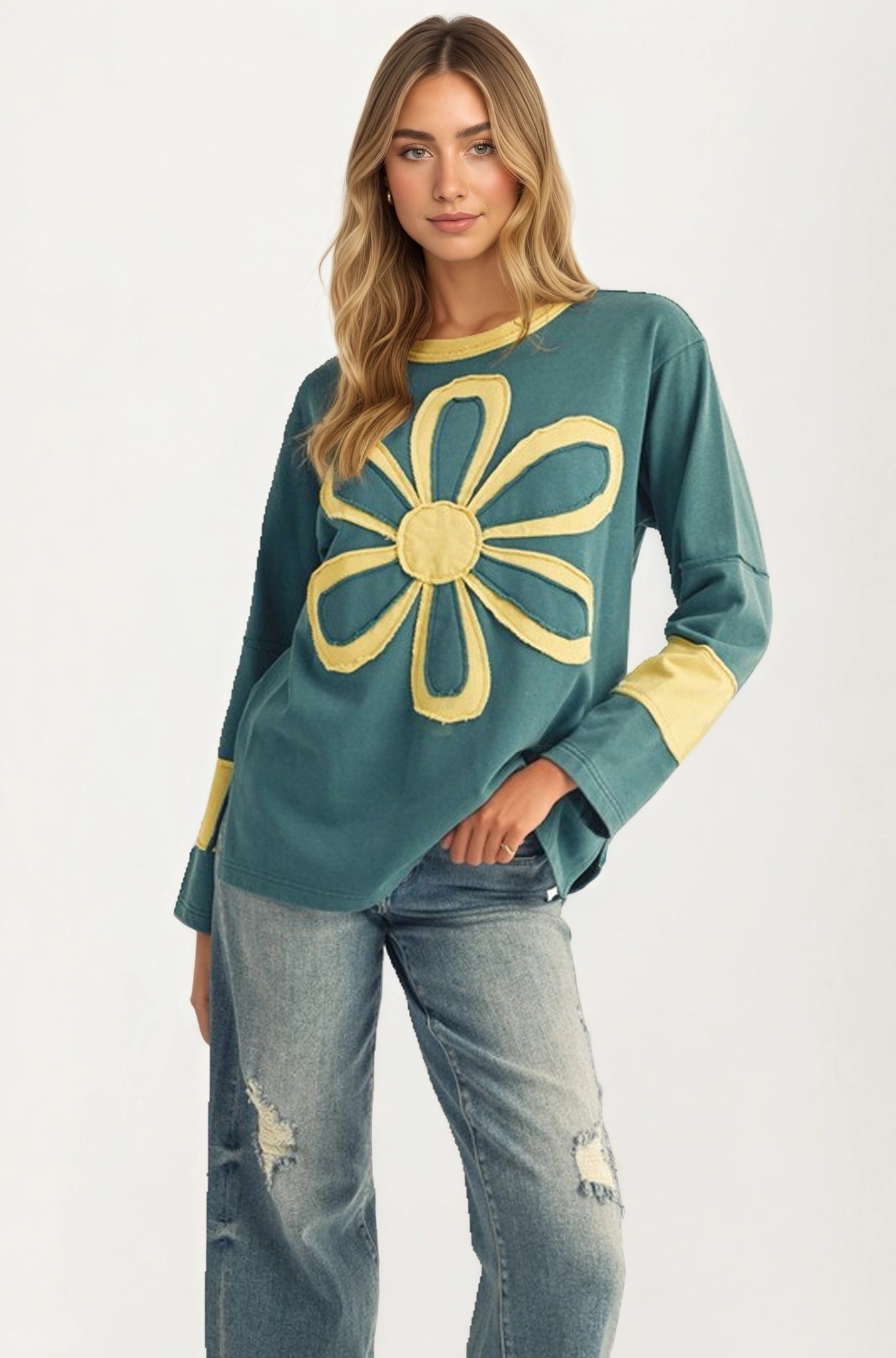 Long Sleeve Top with Bold Floral Applique and Relaxed Fit