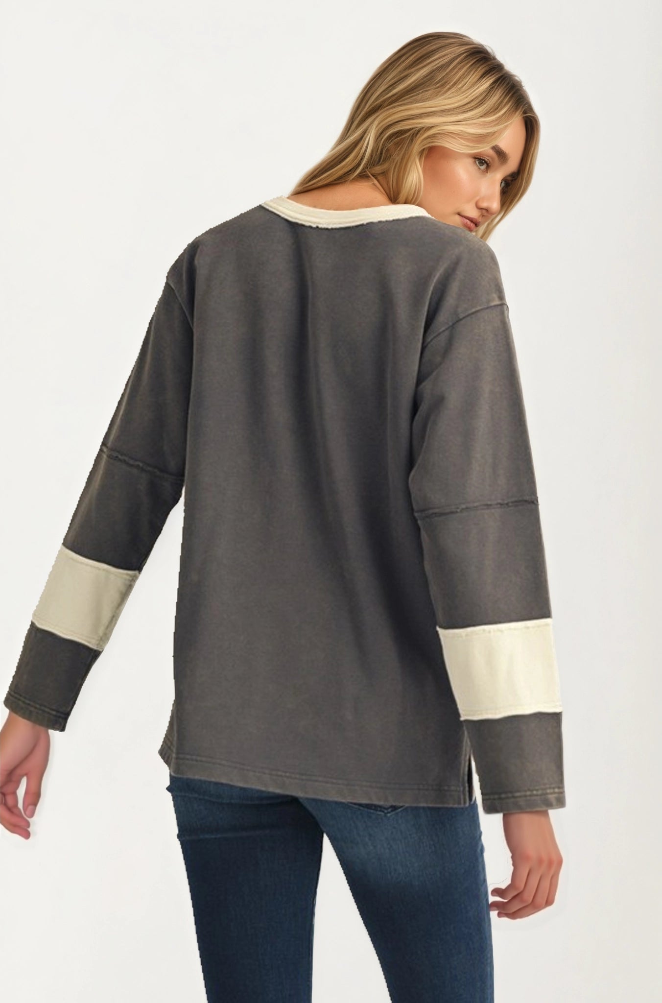 Long Sleeve Top with Bold Floral Applique and Relaxed Fit