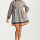 Geo Floral Print Long Sleeve Mini Dress with Contrast Trim