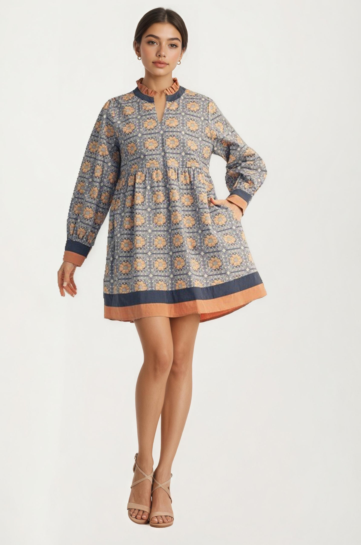 Geo Floral Print Long Sleeve Mini Dress with Contrast Trim