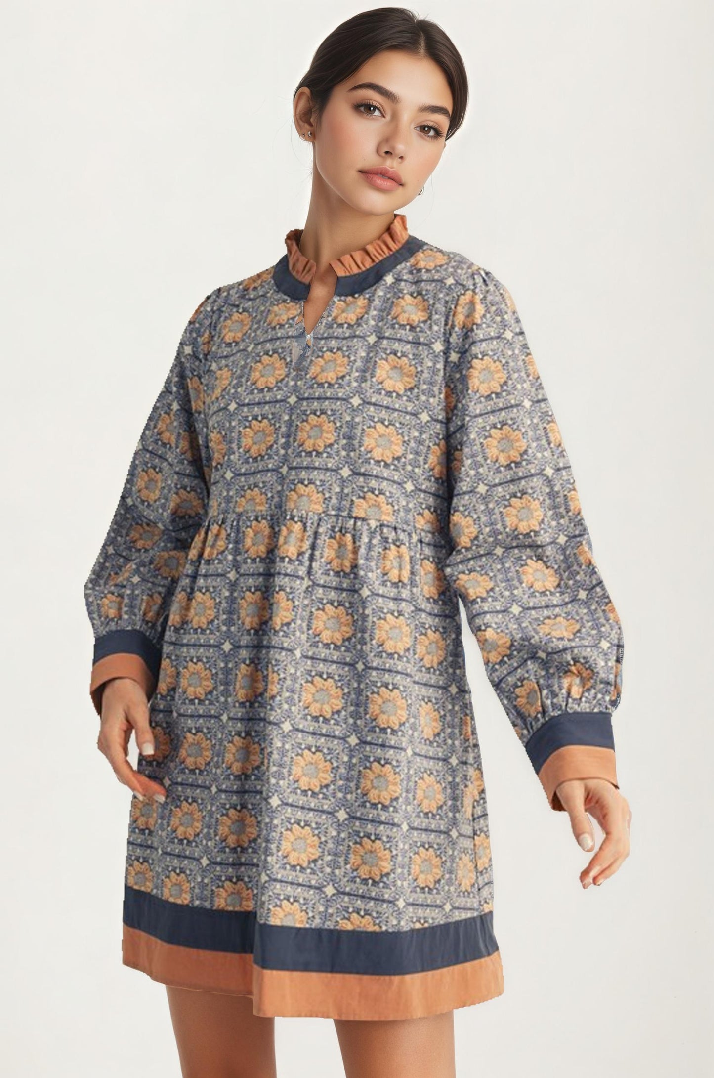 Geo Floral Print Long Sleeve Mini Dress with Contrast Trim