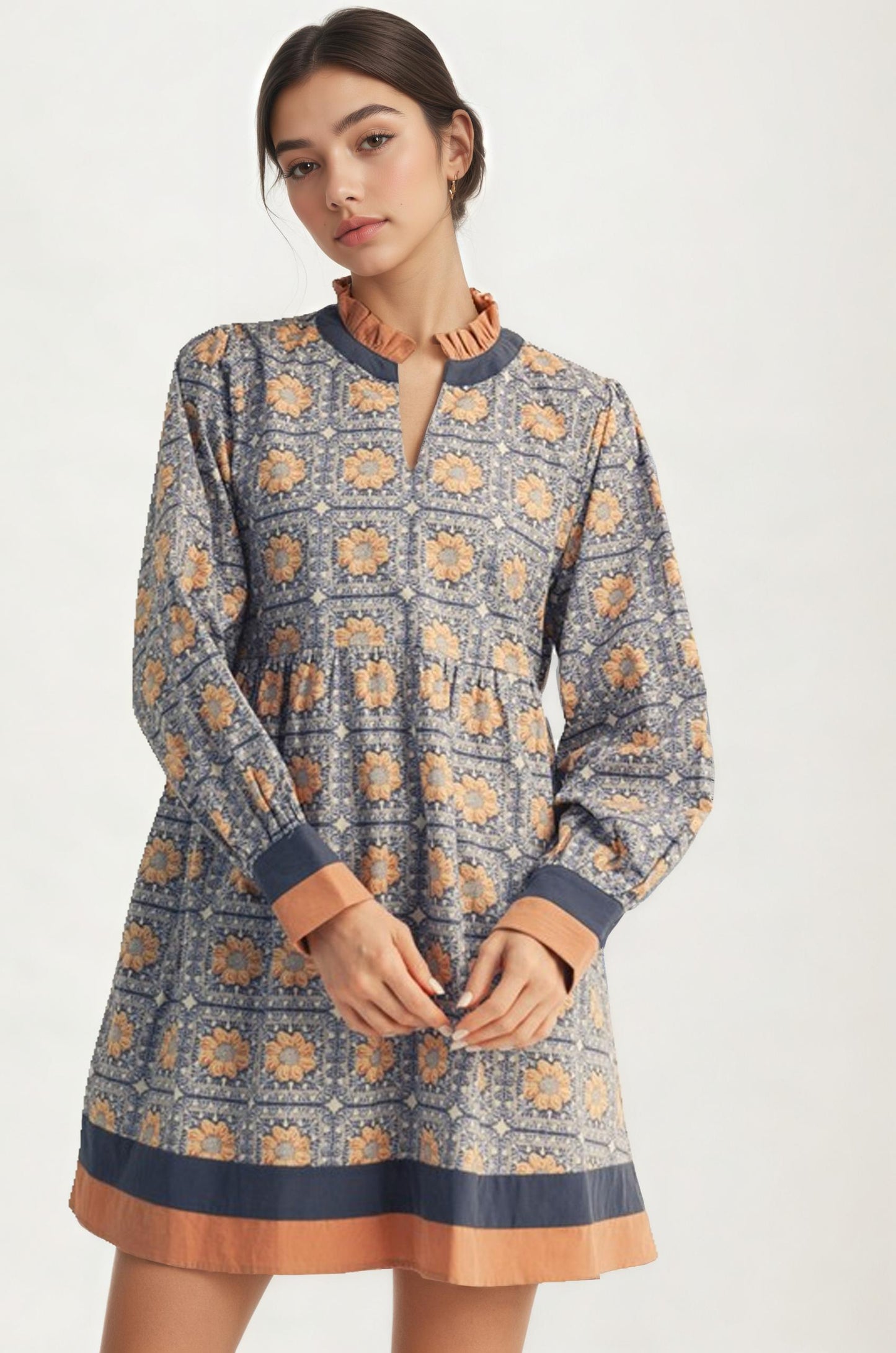 Geo Floral Print Long Sleeve Mini Dress with Contrast Trim