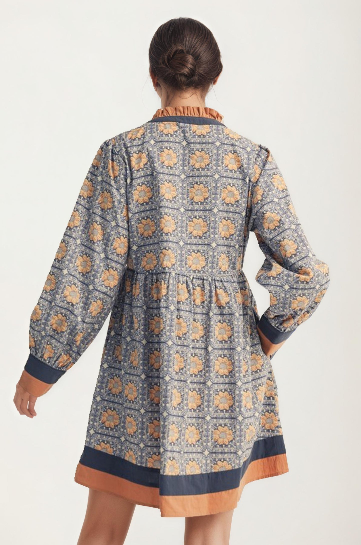 Geo Floral Print Long Sleeve Mini Dress with Contrast Trim