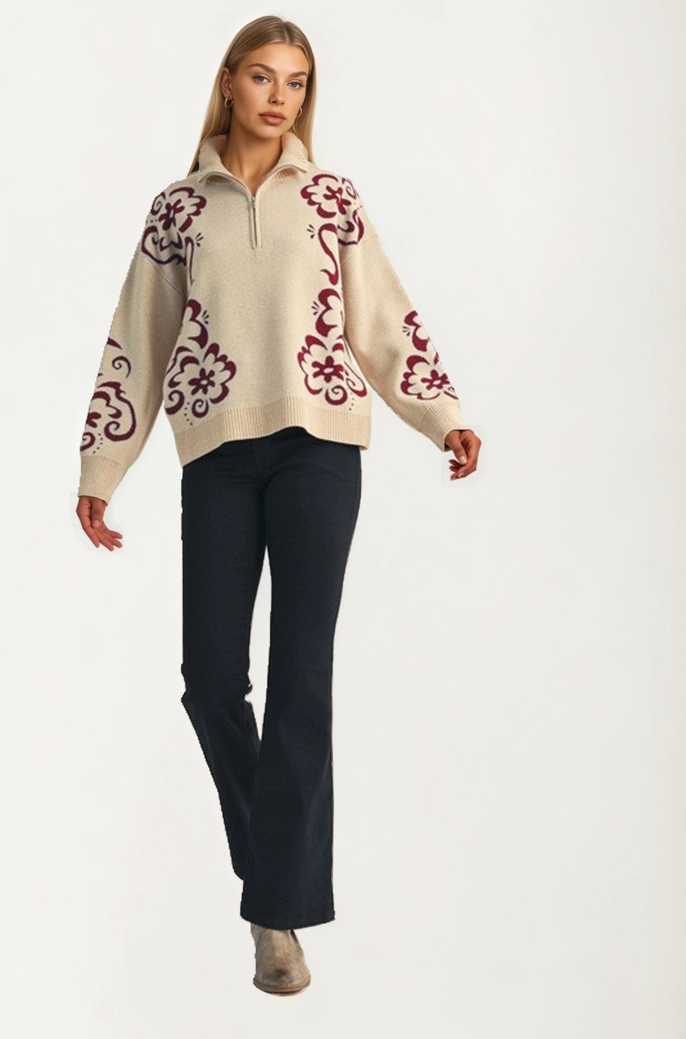 Floral Quarter-Zip Sweater with Ribbed Collar and Relaxed Fit