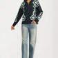 Floral Quarter-Zip Sweater with Ribbed Collar and Relaxed Fit