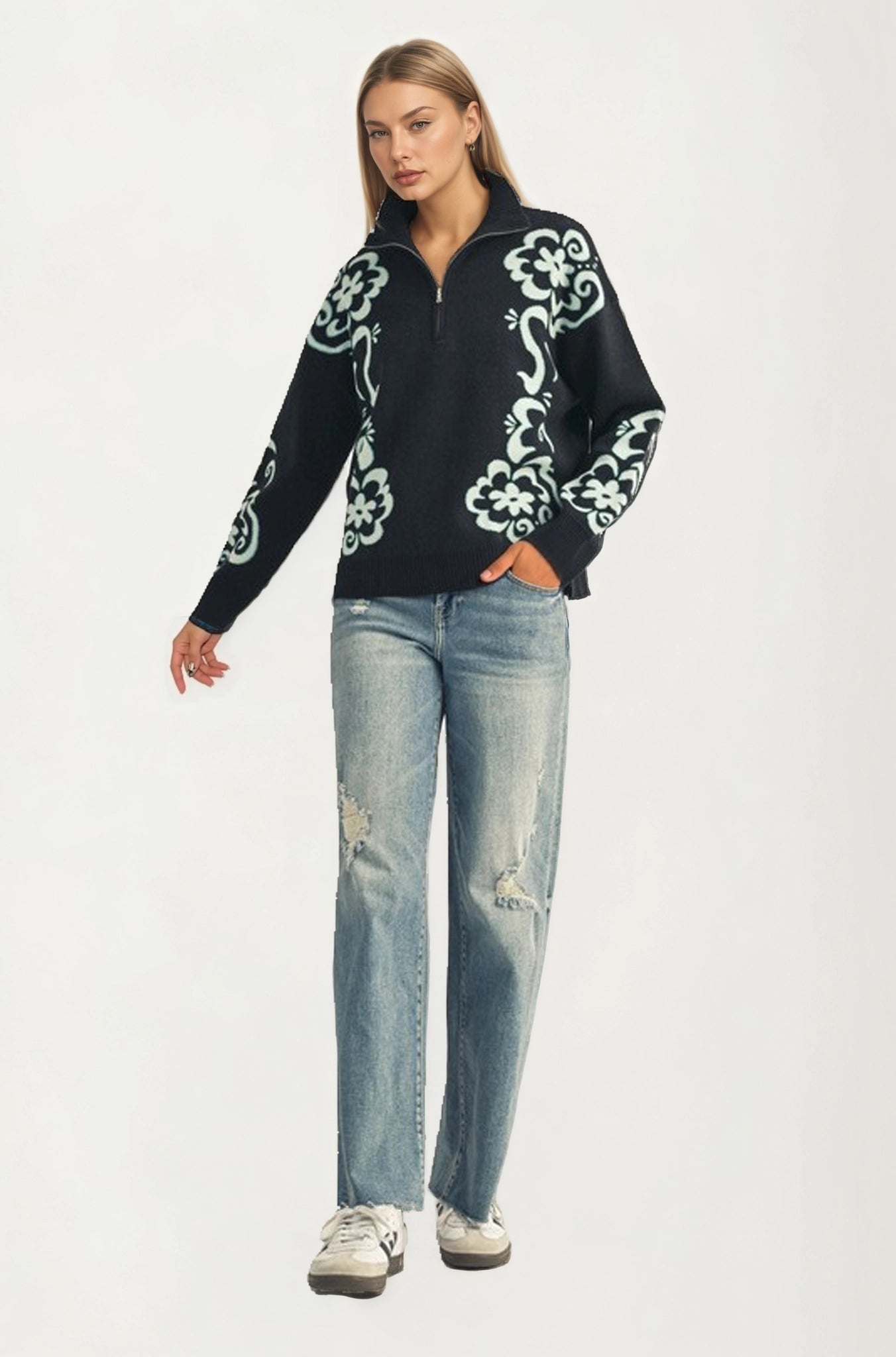 Floral Quarter-Zip Sweater with Ribbed Collar and Relaxed Fit